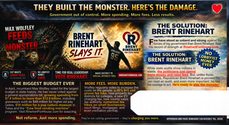 Taxed to the Max panel showing Brent Rinehart and source-backed claims about spending and fees